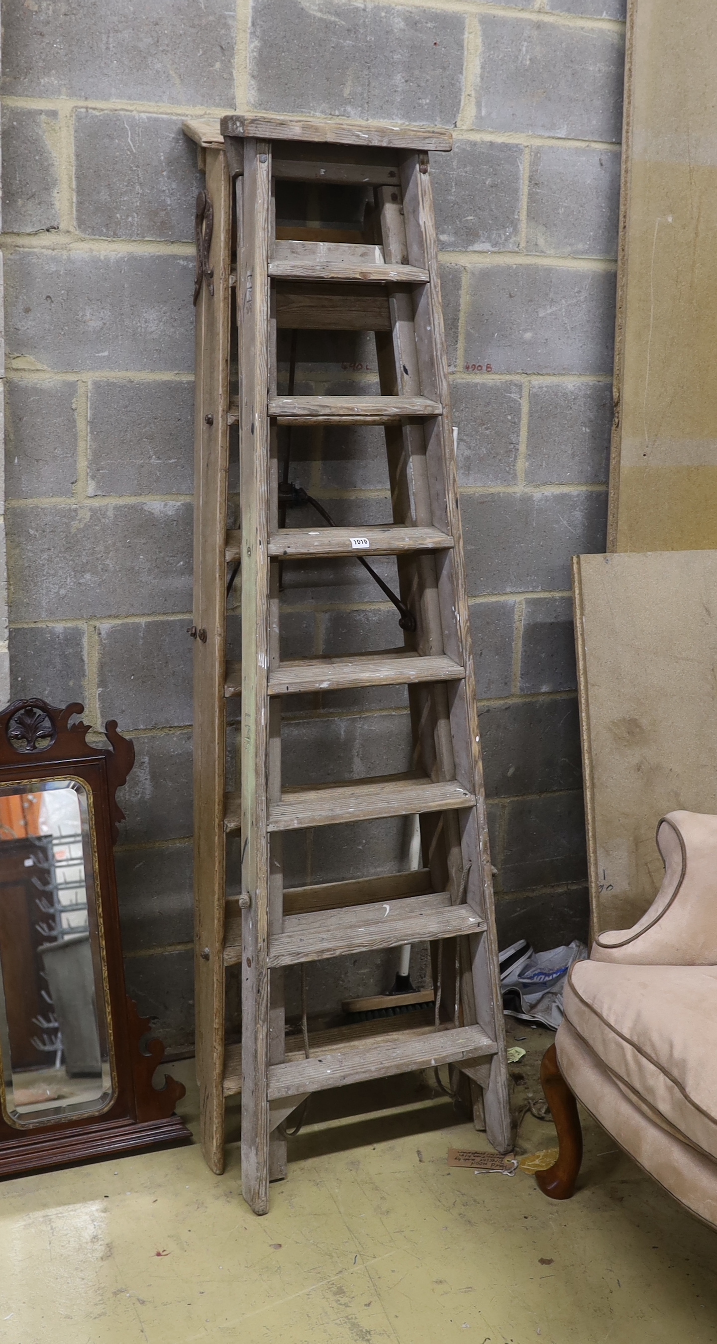 Two vintage pine step ladders, larger height 186cm